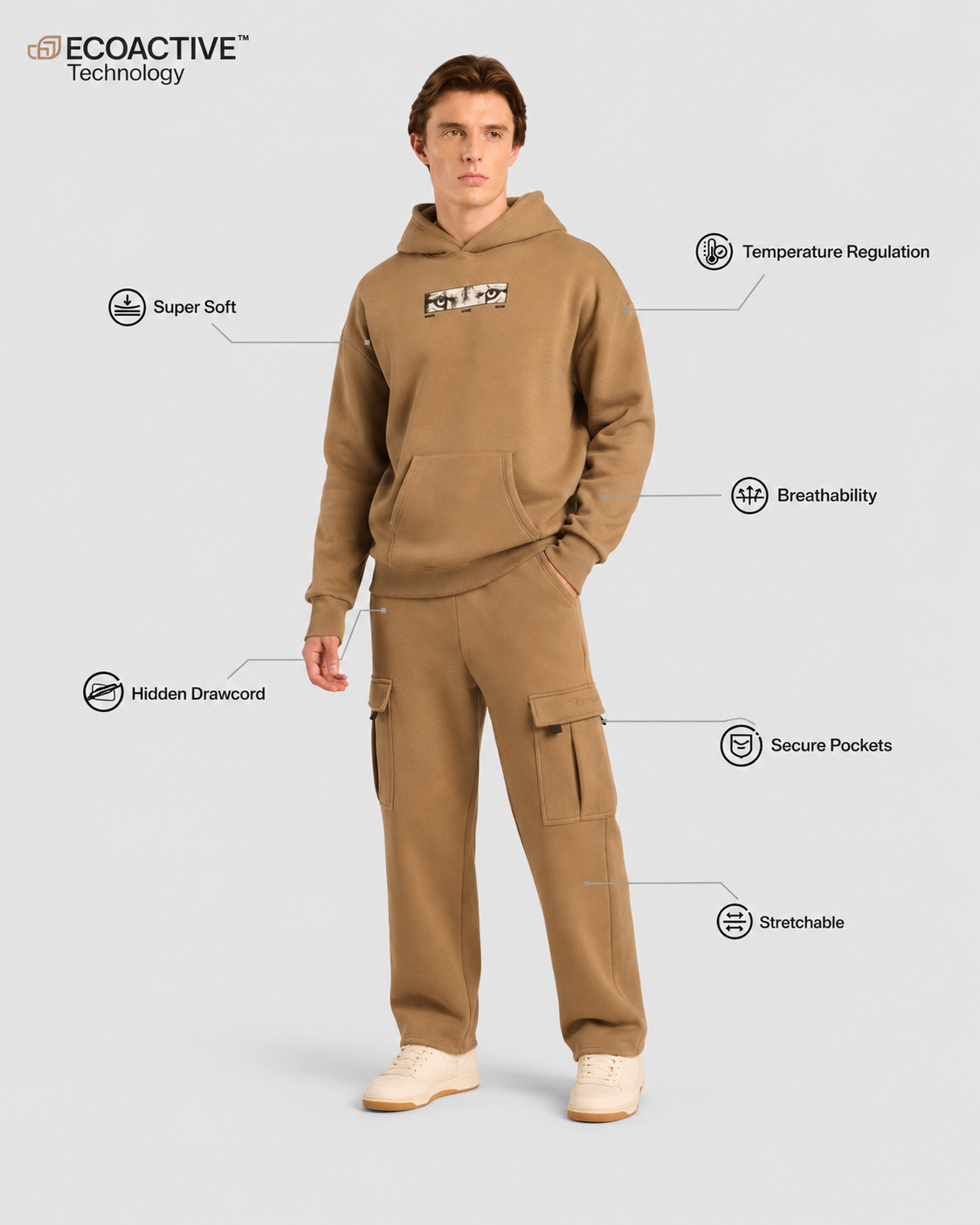 Mens Cloud Ease Oversized Hoodie + Mens Cloud Ease Cargo Pants (Desert Dune)