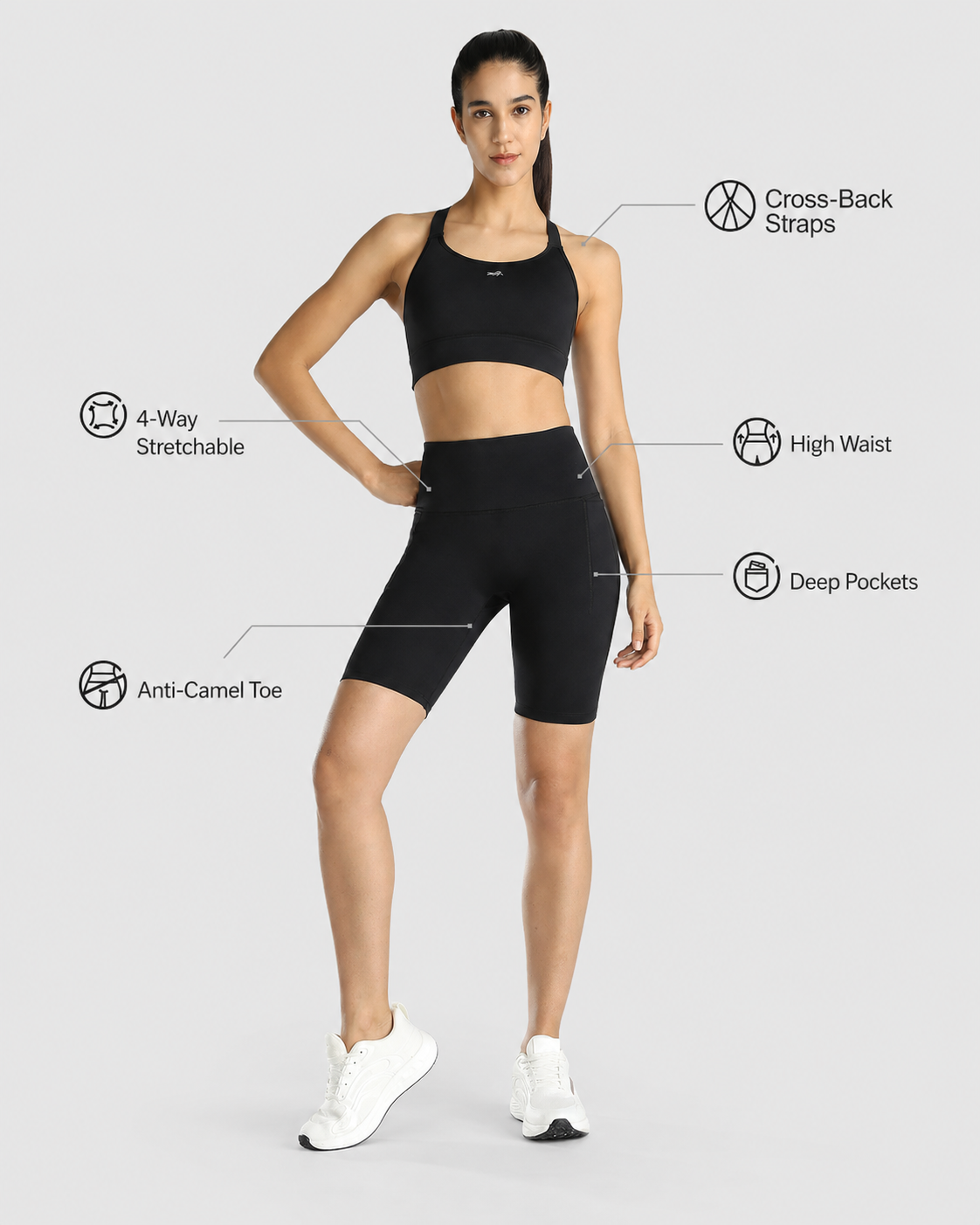 Womens Sports Bra + Womens Cycling Shorts (Black)