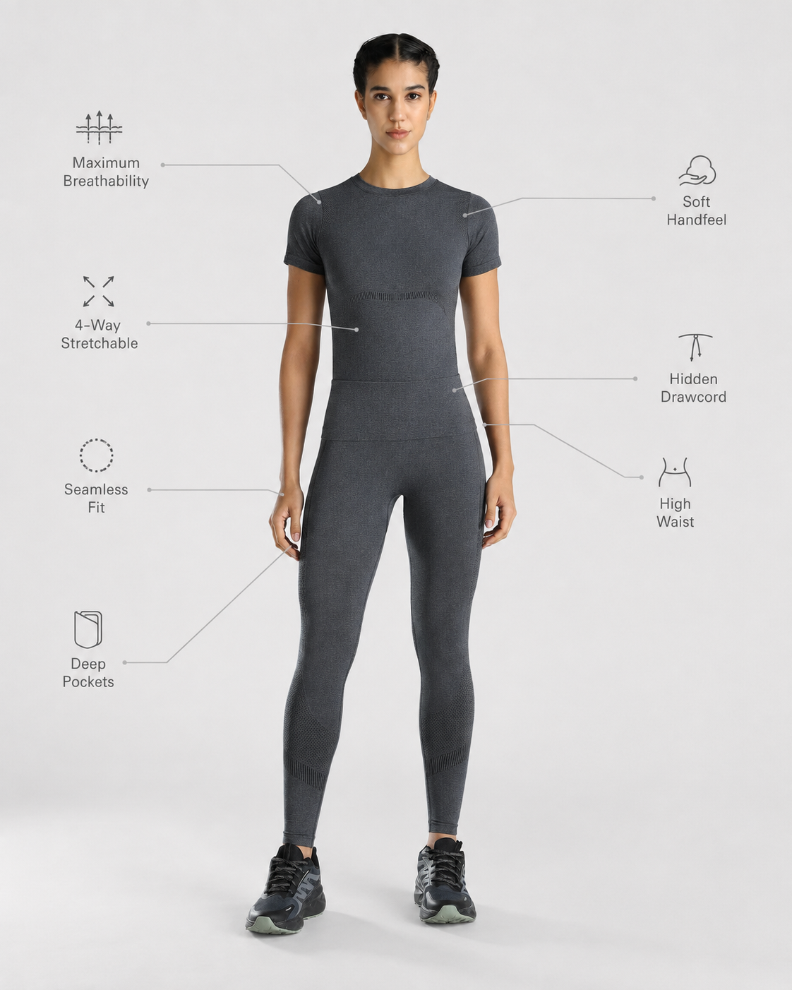 Womens Seamless Leggings + Womens Seamless Slim fit T-shirt (Black)