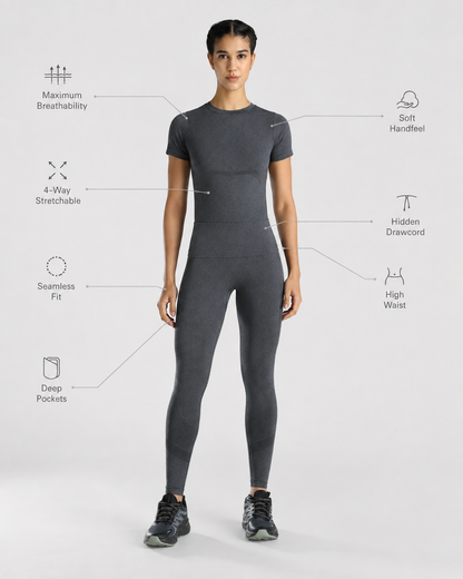 Womens Seamless Leggings + Womens Seamless Slim fit T-shirt (Black)
