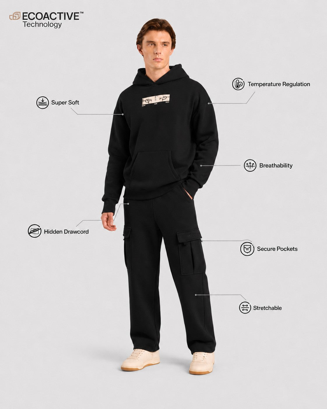Mens Cloud Ease Oversized Hoodie + Urban Carry-On Cargo Pants (Black)
