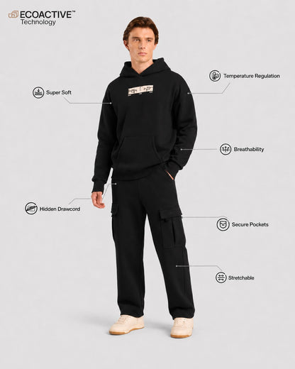 Mens Cloud Ease Oversized Hoodie + Urban Carry-On Cargo Pants (Black)