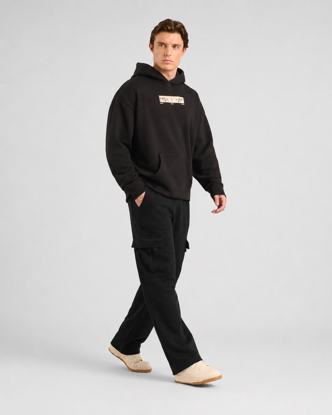 Mens Cloud Ease Oversized Hoodie + Urban Carry-On Cargo Pants (Black)