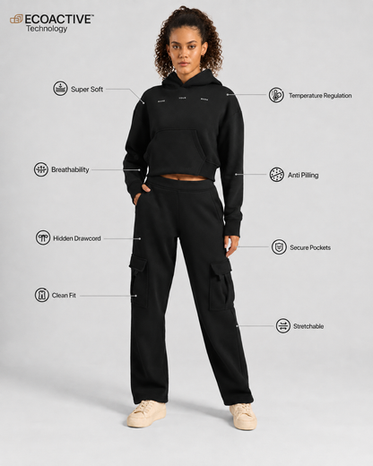 Women Cloud Ease Cropped Hoodie + Womens Cloud Ease Cargo Pants (Shadow Black)