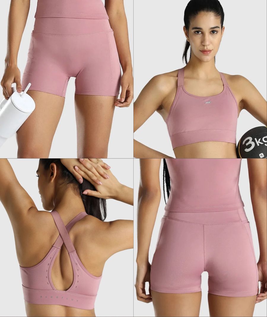 Womens Sports Bra + Womens Biker Shorts (Pink)