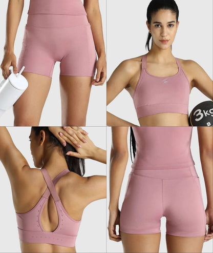 Womens Sports Bra + Womens Biker Shorts (Pink)