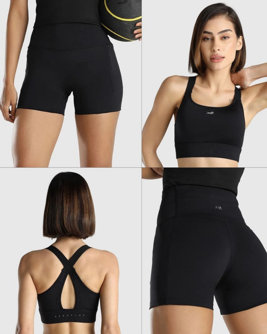 Womens Sports Bra + Womens Biker Shorts (Black)